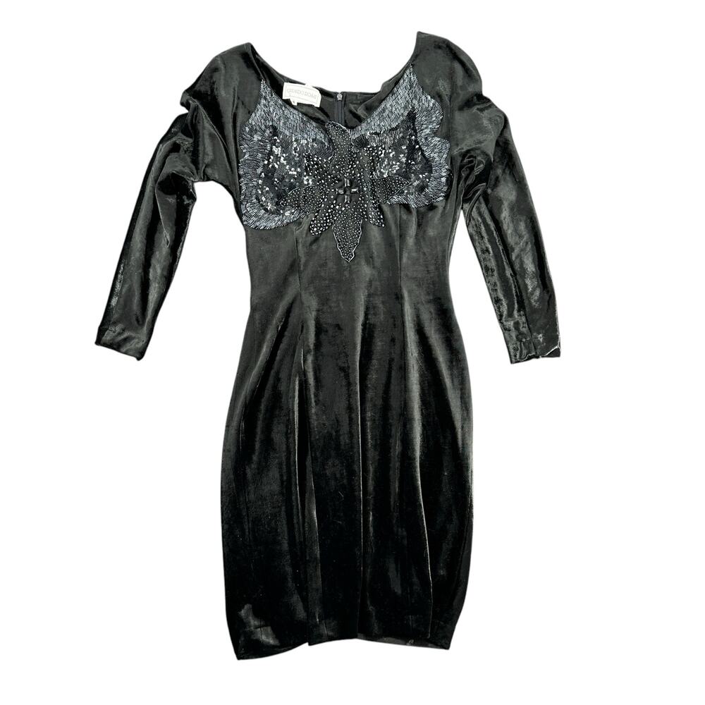 Orlando Rossi Vintage Black Velvet Midi Dress Beaded Sculpted Neck Small 90s